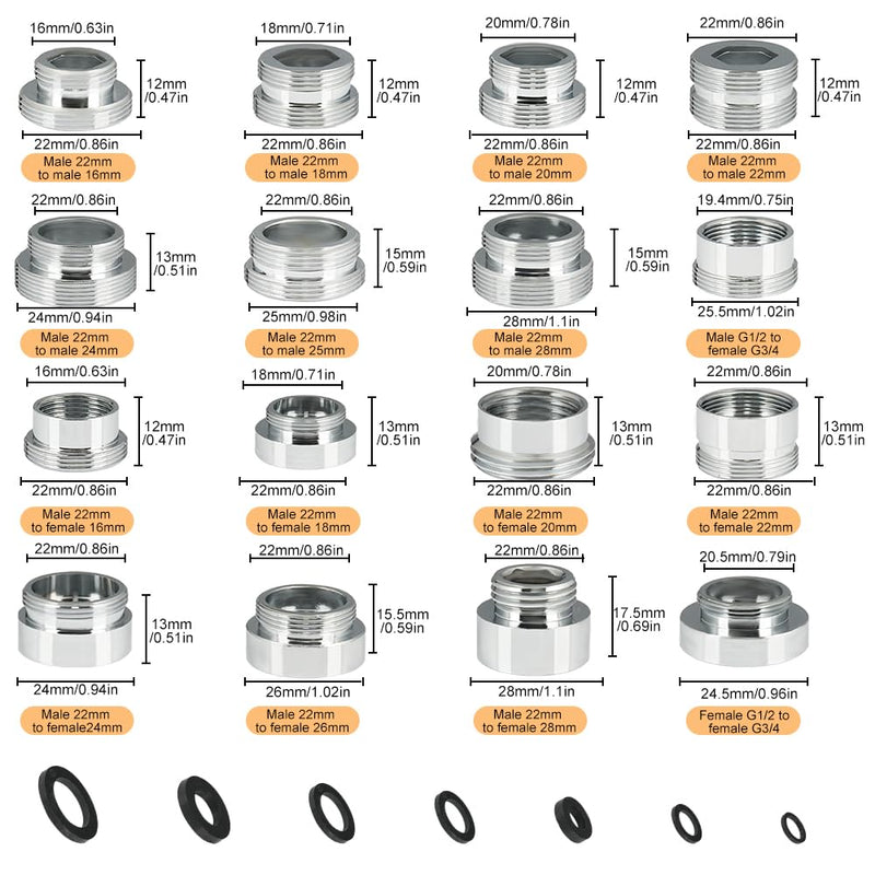 16 Pieces 16-28 mm Tap Adapter with 32 Seals | Universal Tap Adapter with Thread, Male Thread Adapter Tap for Kitchen, Garden Hose, Sink