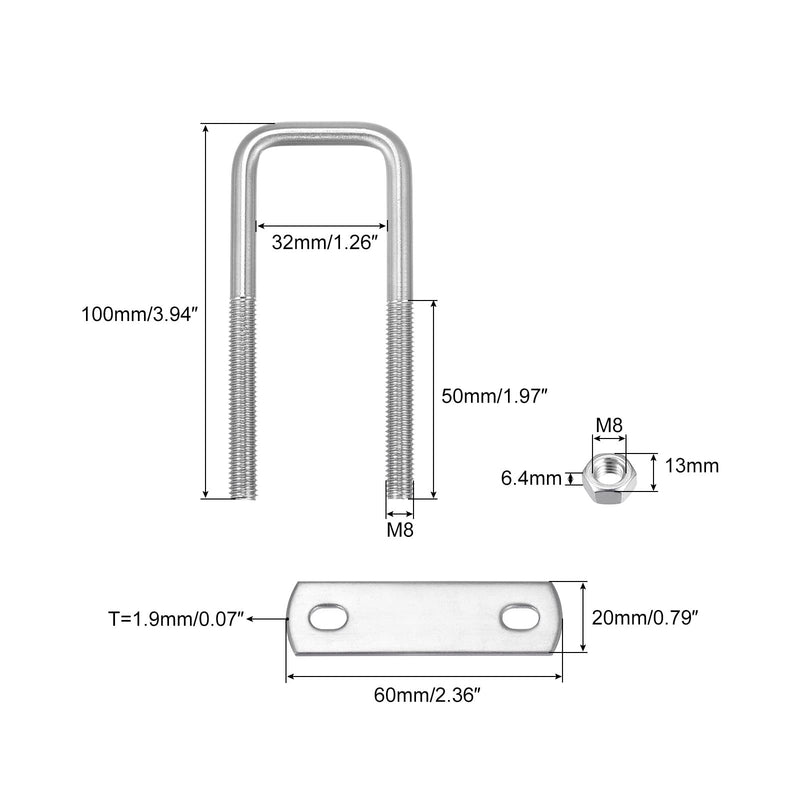 [Australia - AusPower] - uxcell Square U-Bolts, 3 Sets 32mm(1.26") Inner Width 100mm Length M8 304 Stainless Steel U Clamp Bolt with Nuts and Plates, for Boat Trailer M8x32x100mm 