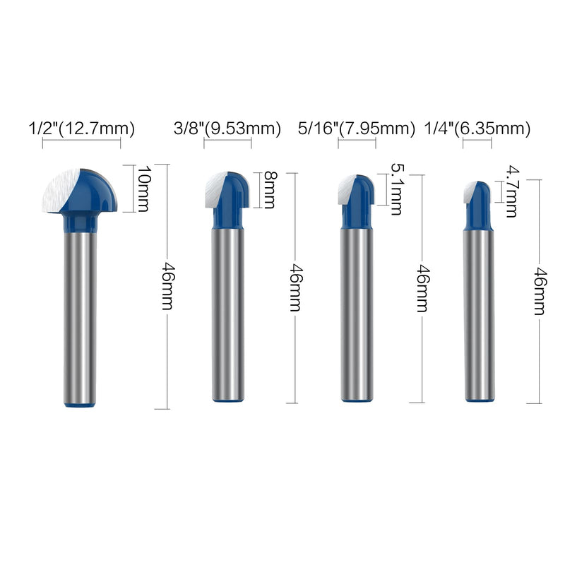 1/4 Inch Shank Cove Box Router Bit - 1/4" 5/16" 3/8" 1/2" 5/8" 3/4" 7/8" 1" Cutting Diameter Solid Carbide Double Flute Core Box Round Nose Woodworking Tool 8 Pcs Cove Box Bit 8PCS-Blue