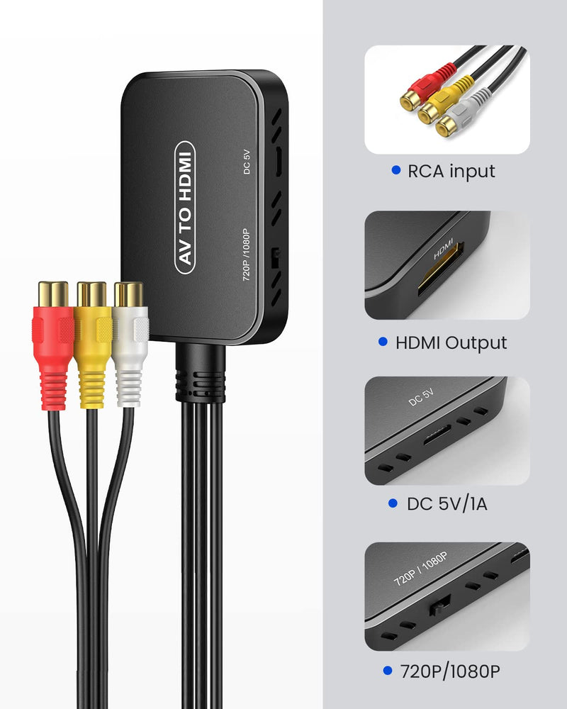 [Australia - AusPower] - RCA to HDMI Converter,Viagkiki AV to HDMI Adapter,RCA to HDMI Composite Audio Video Converter for PS1, PS2, PS3, STB, Xbox, VHS, VCR,Black-Ray DVD Players(HDMI Cable Included) Black 