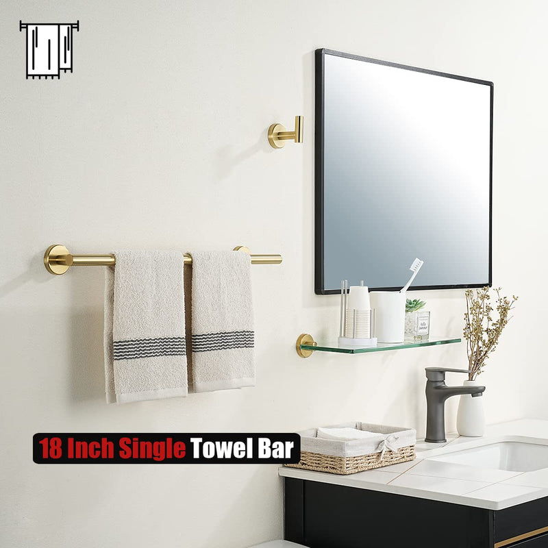 JQK Bath Towel Bar Brushed Gold, 18 Inch 304 Stainless Steel Thicken 0.8mm Towel Rack Bathroom, Towel Holder Wall Mount, Total Length 20.47 Inch TB110L18-BG 20.5 Inch