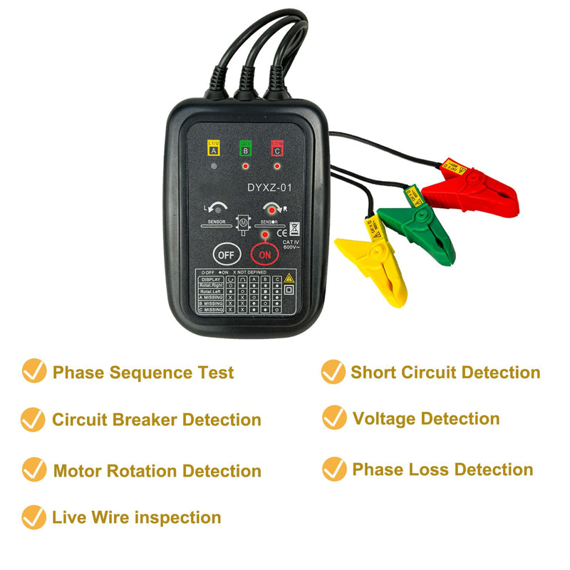 [Australia - AusPower] - Non-Contact 3 Phase Rotation Meter | Motor Rotation Tester for AC 70V-600V | Phase Sequence, Live Wire & Circuit Break Detector | Auto Power-Off, 20" Clamps | Professional Electrician Tool Kit 