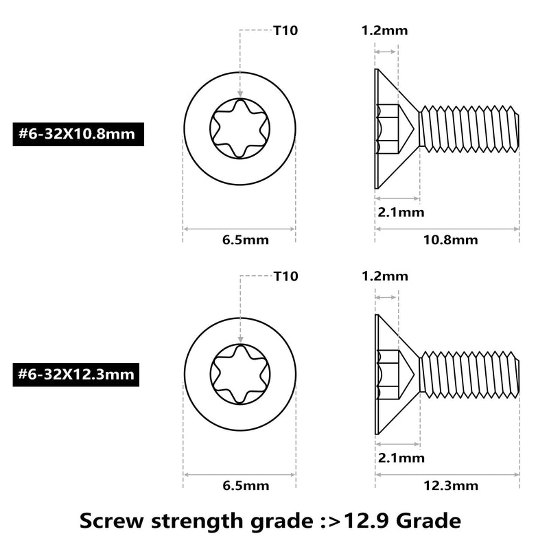 [Australia - AusPower] - ohhunt 60 Pcs 6-32x5.5mm/5mm/8.55mm/9.5mm/10.8mm/12.3mm Alloy Steel Flat Head Screw for Red Dot Sight 