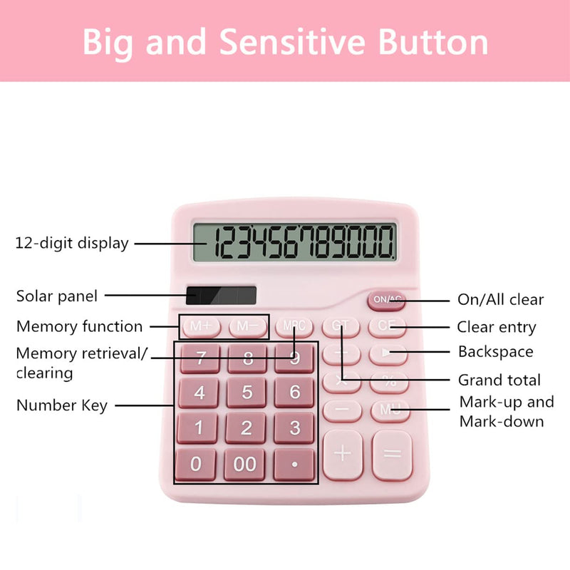 [Australia - AusPower] - Office Calculators Desktop, 12-Digit Dual Power Cute Calculator with Large LCD Display Big Button for Office Home and School (Pink) Pink 