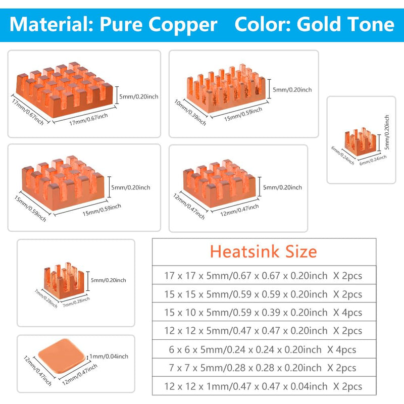 GeeekPi Pure Copper Heatsinks for Raspberry Pi 5/Pi 4B, CPU Cooler Heatsinks with Thermal Conductive Adhensive Tape, Compatible with Raspberry Pi 5/Raspberry Pi 4 Model B, Pack of 18