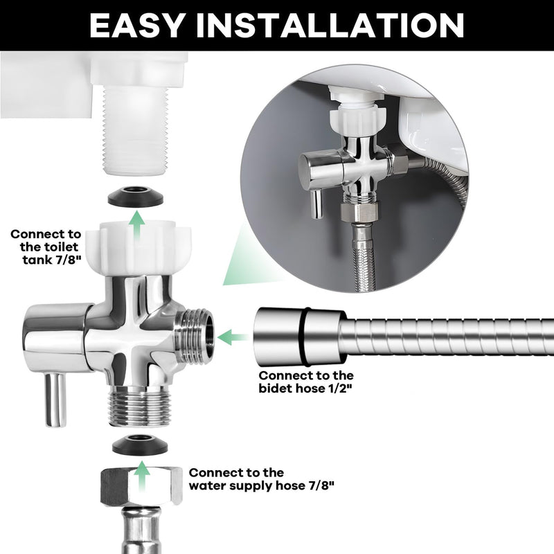 Bidet T Adapter with Shut off Valve,Metal T Valve for Bidet 7/8” X 7/8” X 1/2”or 3/8” with 15.75 Inch Flexible Toilet Connector, Tee Connector Bidet Attachment for Toilet