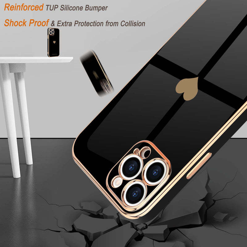 [Australia - AusPower] - Teageo for iPhone 13 Pro Case for Women Girl Cute Love-Heart Luxury Bling Plating Soft Back Cover Raised Full Camera Protection Bumper Silicone Shockproof Phone Case for iPhone 13 Pro, Black 
