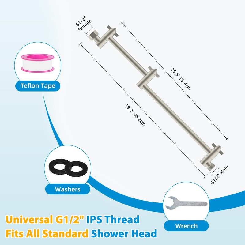 iFealClear All Metal 16" Shower Head Extension Arm, Solid Brass Shower Head Extender Adjustable Height Angle, G1/2 Universal Connection Stainless Steel Rain Showerhead Pipe, Lock Joint, Brushed Nickel 16 Inch