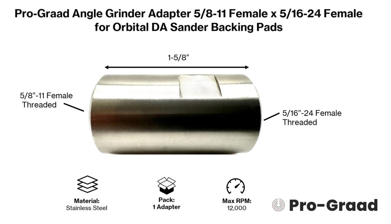 [Australia - AusPower] - 54040 Stainless Steel Angle Grinder Adapter 5/8-11 Female x 5/16-24 Female, Arbor Adapter compatible for use with 5/16”-24 Threaded DA Backer Pads on Angle Grinder with 5/8”-11 5/8-11 Female × 5/16-24 Female Adapter 