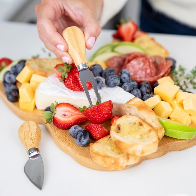 Polished Bamboo Frenchie Cheese Board/Cutting Board Set w/Matching Knife & Fork - 12.2" x 10.8 - Giftable French Bulldog Charcuterie Board