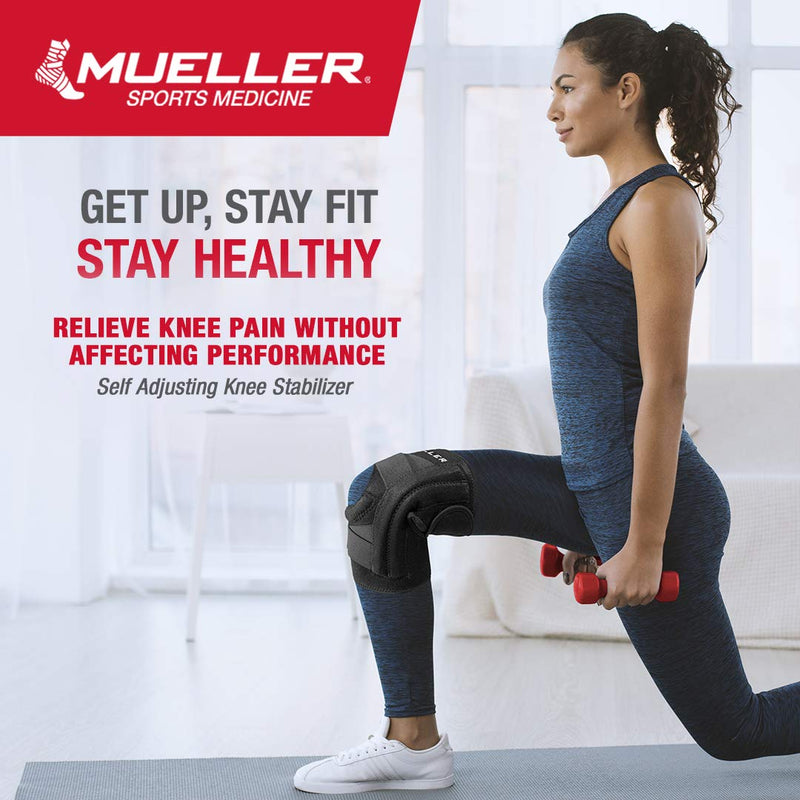 [Australia - AusPower] - MUELLER Sports Medicine Self Adjusting Knee Stabilizer, Knee Pain Relief Support for Men and Women, Ideal for Arthritis, Sprains, Black, One Size 