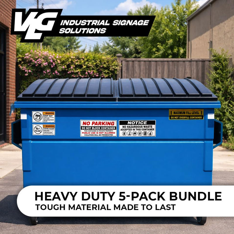 Dumpster Safety Kit Labels – 5 Pack Warning Stickers for Dumpsters & Trash Containers – No Parking, No Hazardous Waste, Max Fill Line, Keep Out, Tipping Hazard – Weatherproof Vinyl Decals