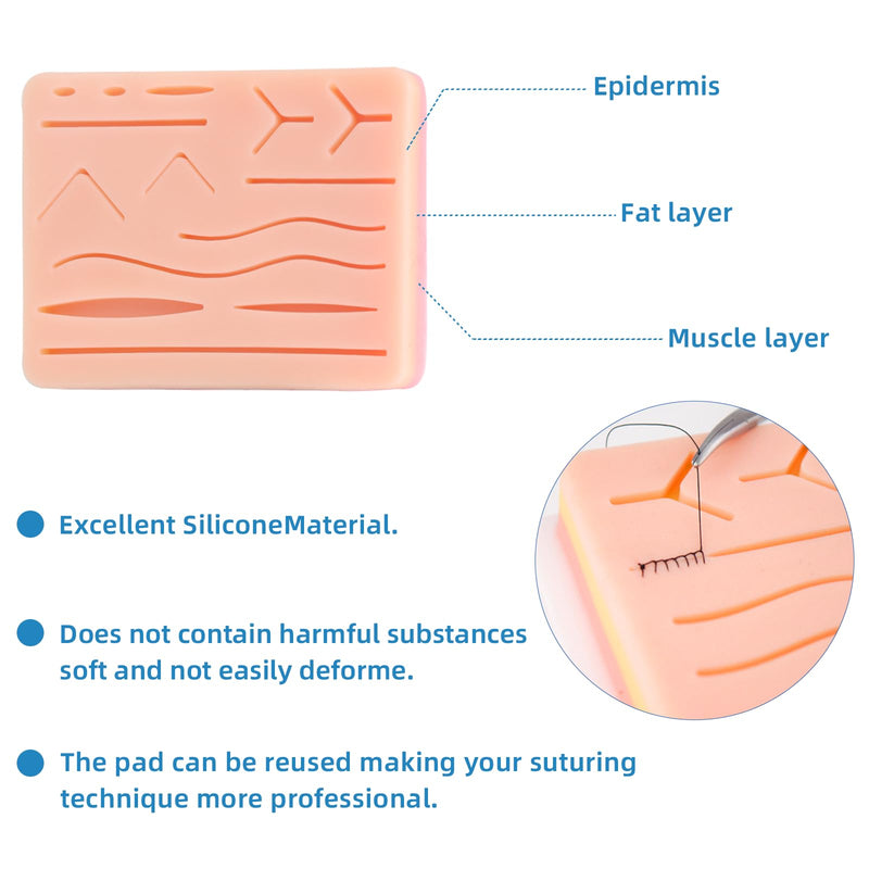 [Australia - AusPower] - Suture Practice Pad Realistic Three-Layer Silicone Skin Kit with 14 Pre-Cut Wounds, Best Gift for Medical Students Training Large 