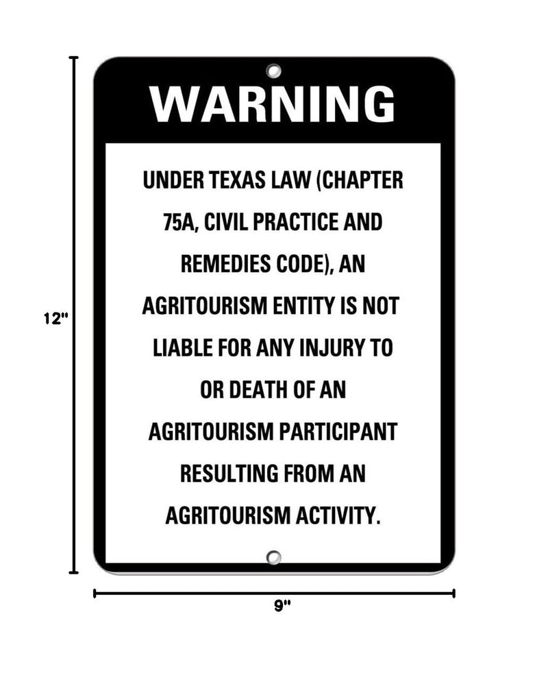 Aluminum Vertical Metal Sign Multiple Sizes an Agritourism Entity is Not Liable for Any Injury Death State Right Law with Border Weatherproof Street 9x12Inches