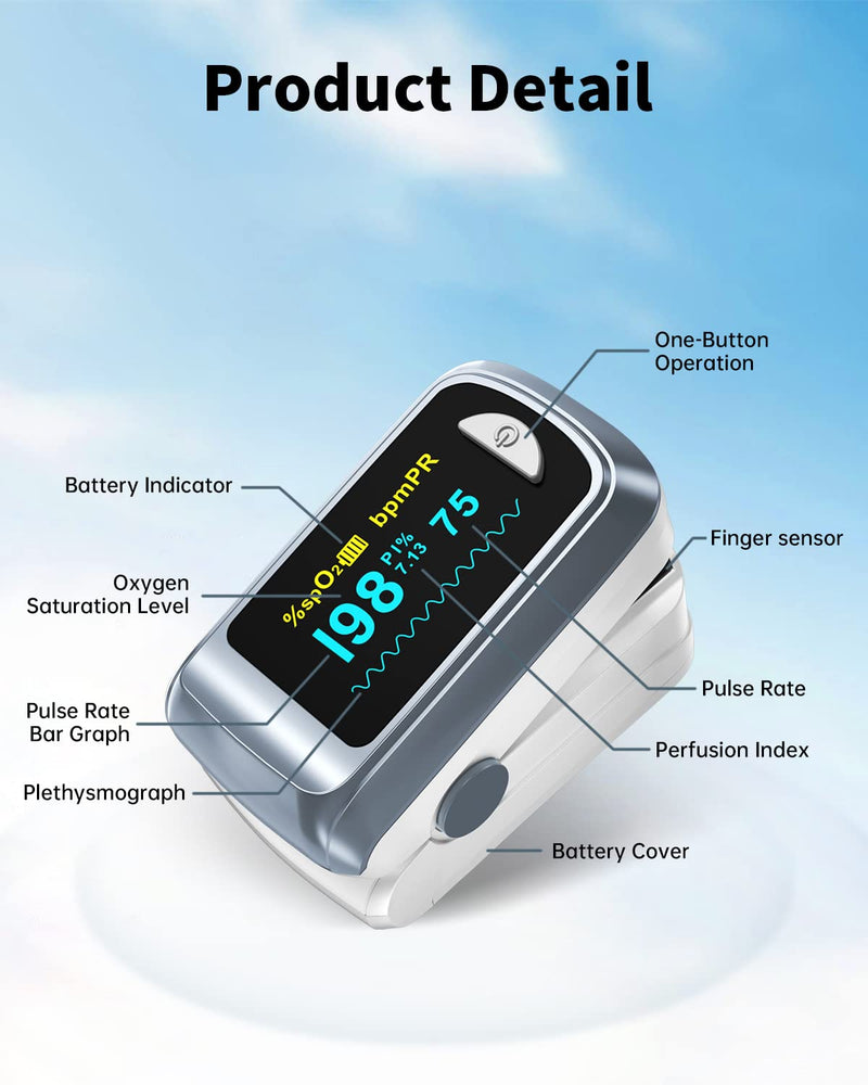 [Australia - AusPower] - Fingertip Pulse Oximeter Blood Oxygen Saturation Monitor Pulse Ox, Heart Rate and Fast Spo2 Reading Oxygen Meter with OLED Screen Included Lanyard and 2 X AAA Batteries Gray 