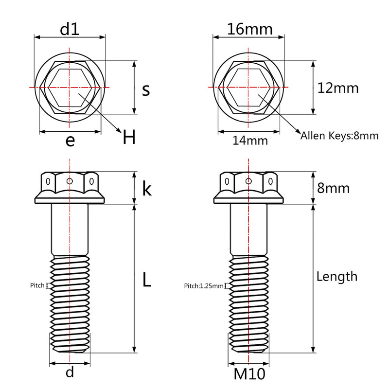 Titanium Flange Hex Head Bolt M10 20 25 30 35 40 45 50 55 60 65 70 75 80 85 90mm Screws Pack of 4 (M10x60mm Pitch 1.25mm, Black) M10x60mm Pitch 1.25mm