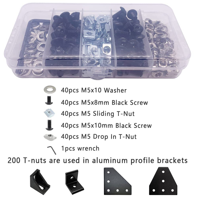[Australia - AusPower] - 200Pcs Black T Slot Nut Kits for 2020 Series Aluminum Extrusion,40Pcs M5x10,40Pcs M5x8 Hexagon Socket Screws,40Pcs M5 T Sliding Nut,40Pcs M5 T Nut,40Pcs Washers 200pcs Black Nut and Screw Kits 