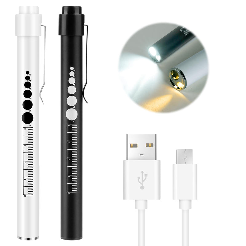 flintronic 2 x Pupil Light Medicine, Diagnostic Light Nurse Emergency Service Accessories with Pupil Meter & Ruler, Rechargeable USB LED Pen Lamp for Nurses Students Doctors #7 White/Black 2pcs