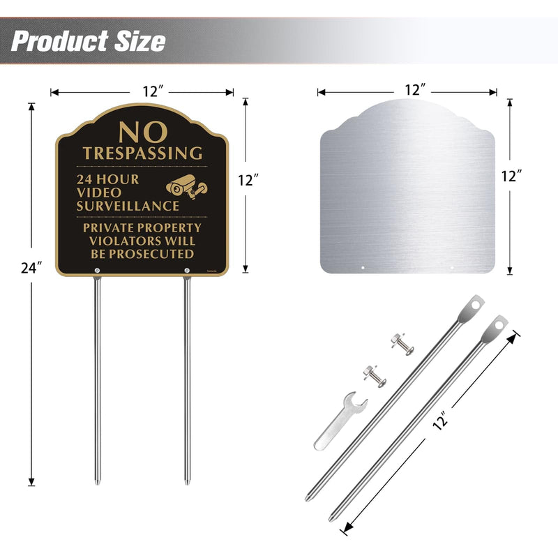 No Trespassing Signs with 12" Stake,Yuntarda 12”x12”(2-Pack) Private Property Video Surveillance Signs Aluminum Metal Sign UV Print Weather Resistant for House or Home Black-Video Surveillance with 12" Stake-2pcs