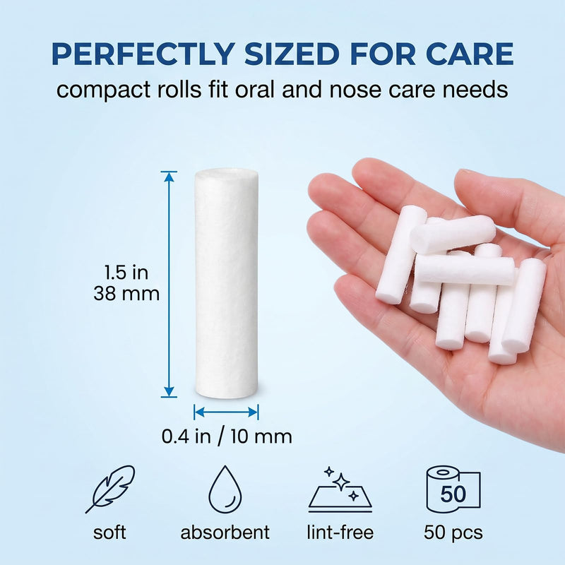Pack of 50 Nosebleed Stoppers - Highly Absorbent Cotton Rolls Dentist & Nose Tamponade Made of Cotton, 1.0 x 3.8 cm, Hemostatic Cotton Wool for Children and Adults