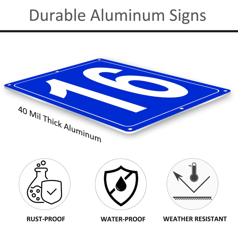 Numbered Sign 16, Aluminum Number Signs for Tennis Court, 12x8 inches Signage for Parking Lots and Public Spaces, Weatherproof and Easy to Install Metal Signs 12" x 8" BLUE Numbered Sign 16