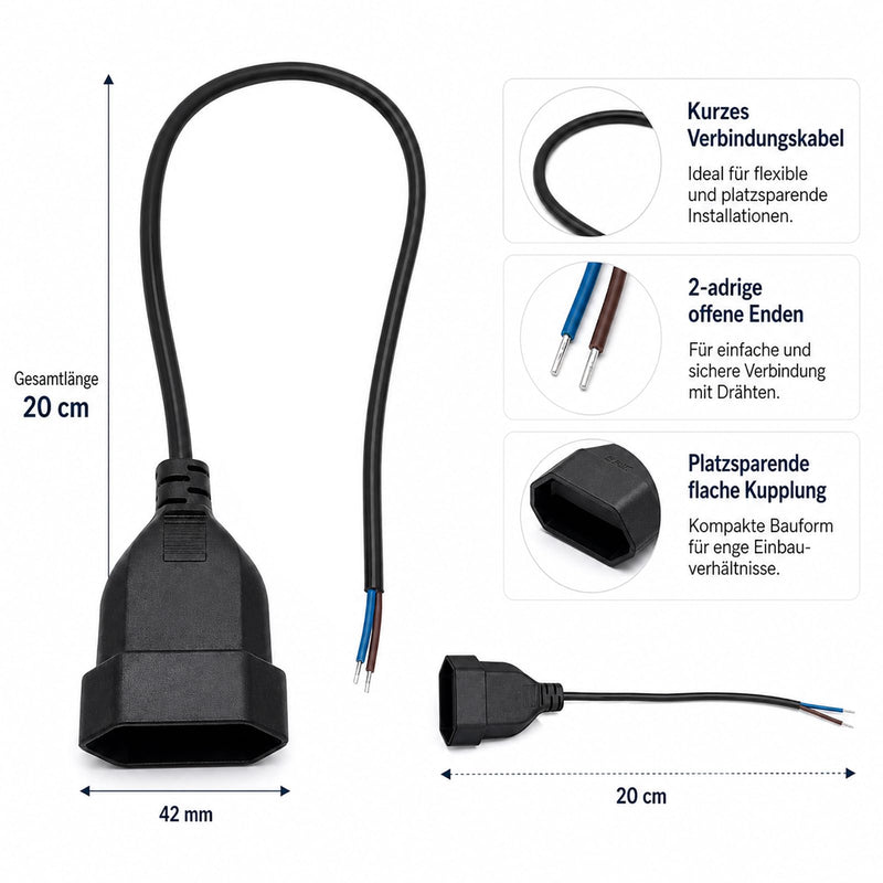 2 pieces Euro coupling flat with 20 cm long connection cable, coupling 230 V, Schuko coupling flat, Euro 230 V flat, Euro plug flat for Schuko plug (black) black A