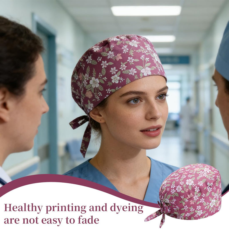 Nurse Headwear, 1 Pink Surgical Cap for Women, Adjustable Cotton Pattern Fabric Bonnet, Unisex Dust Hood