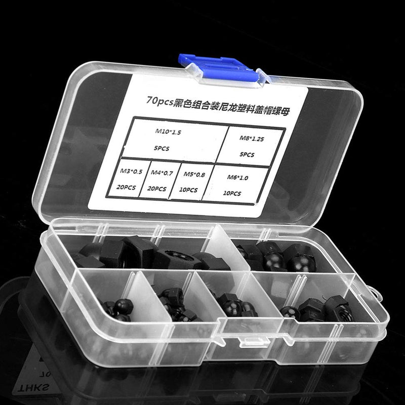 [Australia - AusPower] - 70pcs Hex Acorn Nuts Assortment Kit M3/M4/M5/M6/M8/M10 Nylon Acorn Nut Dome Head Hex Nuts(Black) 
