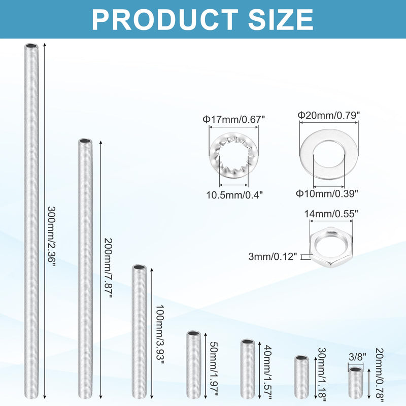 [Australia - AusPower] - MECCANIXITY 98Pcs 7 Size Lamp Pipe Nipples Kit with Hex Nuts Washers, 1/8IP Threaded Hollow Tube Repair Hardware Fasteners Assortment for Assembly Chandelier Ceiling Lamp DIY, Silver 