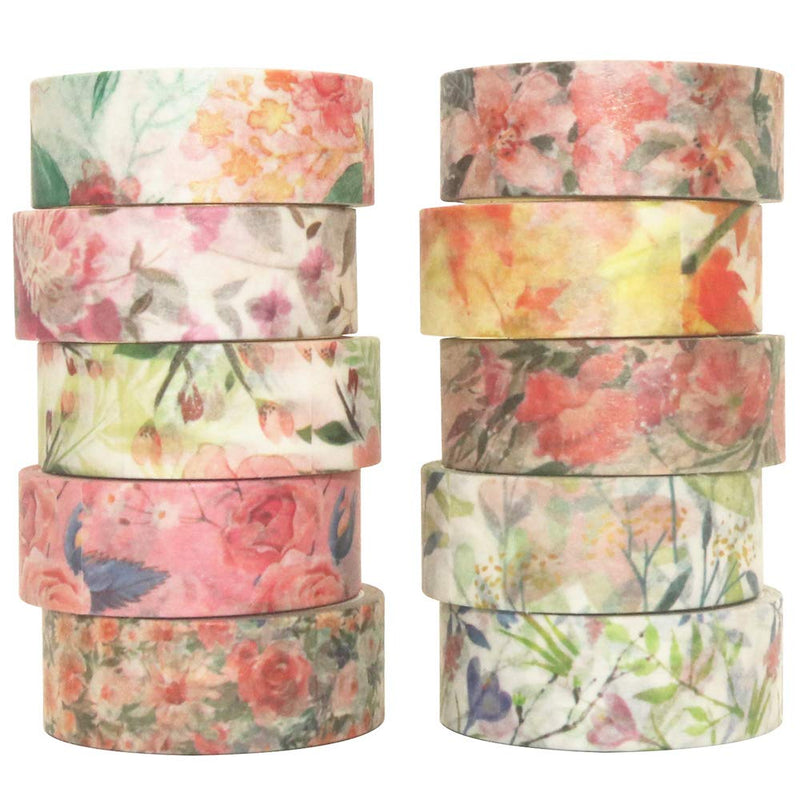 YUBBAEX 10 Rolls Spring Flowers Washi Tape Set Masking Decorative Tapes (Warm Tone) Warm Tone