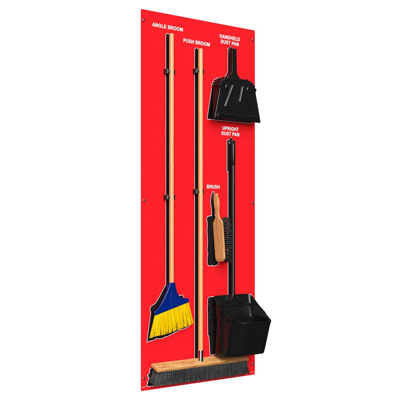 Clean & Sweep 5S Shadow Board/Wall Mount Broom Holder, 68" x 30" Board, 5S Cleaning Station - with Broom and Dustpan Set Included, Made in The USA by AccuformNMC, Red/Black, PSB616RDBK
