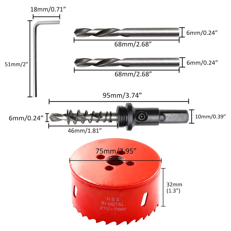 [Australia - AusPower] - 75mm/2.95 inch Hole Saw Bi-Metal Saw Drilling Tool with Twist Drill Bit & L Hex Wrench for Cornhole Boards Wood Plasterboard Plywood Plastic 75mm / 2.95" Red 