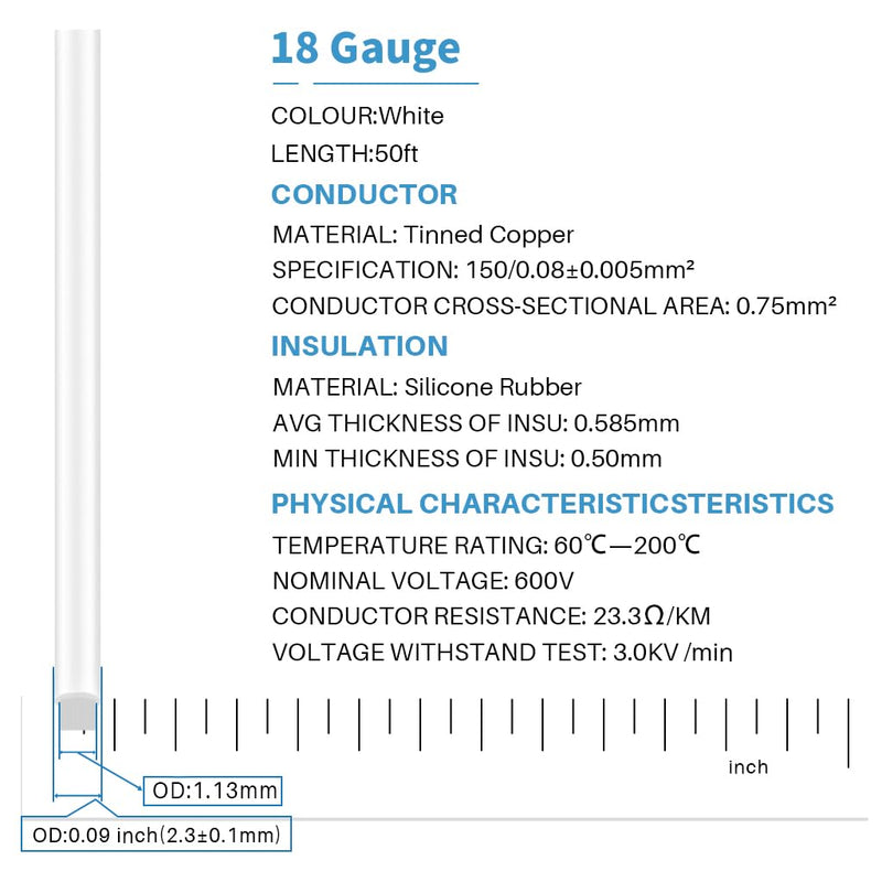 [Australia - AusPower] - BNTECHGO 18 Gauge Silicone wire spool 50 ft White Flexible 18 AWG Stranded Tinned Copper Wire Single Conductor Wire silicone wire 50ft 18 gauge silicone wire white 