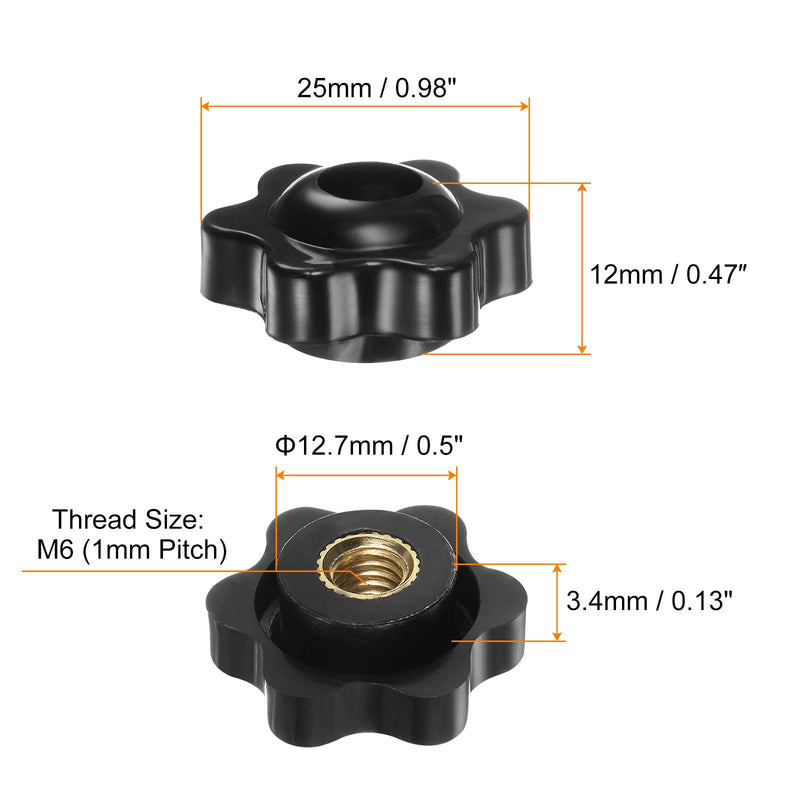 [Australia - AusPower] - HARFINGTON 12pcs Star Knobs M6 Female Thread 25mm 6-Point Plastic Head Brass Insert Through Hole Screw-in Threaded Hand Knob Clamping Handle, Black M6 x 25mm 