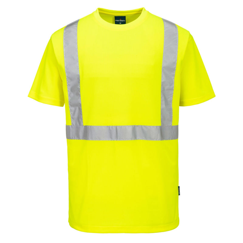 Portwest S198 Hi Vis Pocketless Short Sleeve T Shirt Moisture Wicking Safety Workwear with Reflective Tape, Yellow, M Medium