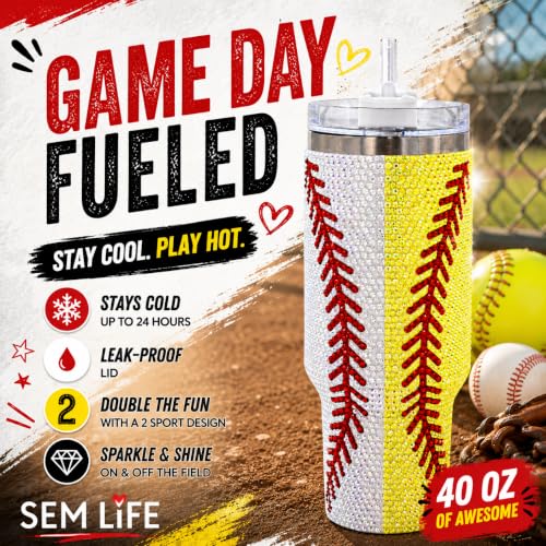 Baseball Softball 40 Oz Rhinestone Bling Tumbler Cup Handle Straw