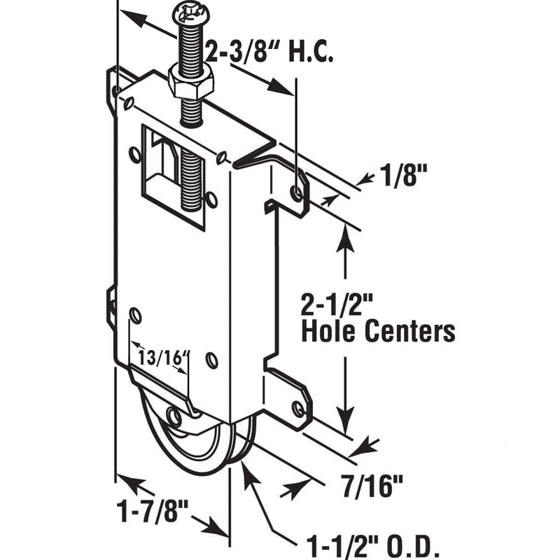 Sliding Mirror Door Rollers Assembly Fit Contractors Part #W8020C, 1-1/2" Nylon Concaved Wheels, 2-1/2" Hole Centers, Top Adjustable, Yellow Zinc Plated, 4 Pack 2-1/2" H.C. - 4Pack