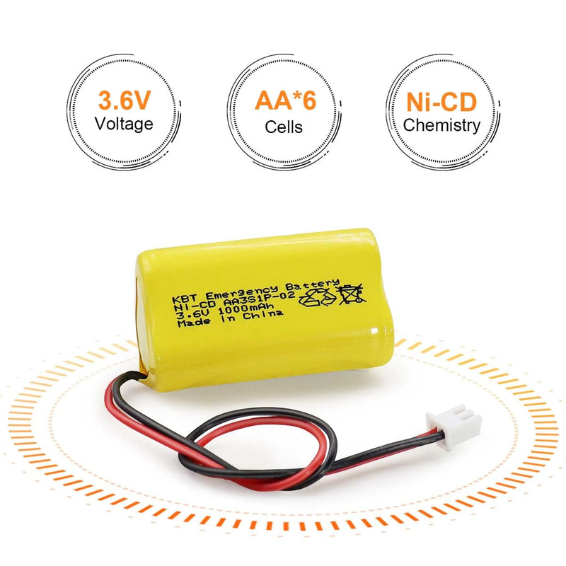 KBT 3.6V 1000mAh AA Size Battery,Ni-CD Battery with 2Pin JST PH 2.54 Connector,Replacement for Lithonia Unitech 0253799 ANIC1566 ELBB001 AA900MAH Emergency/Exit Light/Fire Exit Sign(6-Pack) 3.6V-PH2.54-02-6Pcs