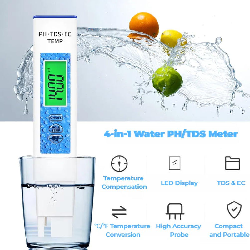 [Australia - AusPower] - 4 in 1 pH Meter for Water PH/TDS/EC/Temp Multi-Function Water Quality Tester High Precision Digital pH Meter for Hydroponics, Pool and Aquarium 