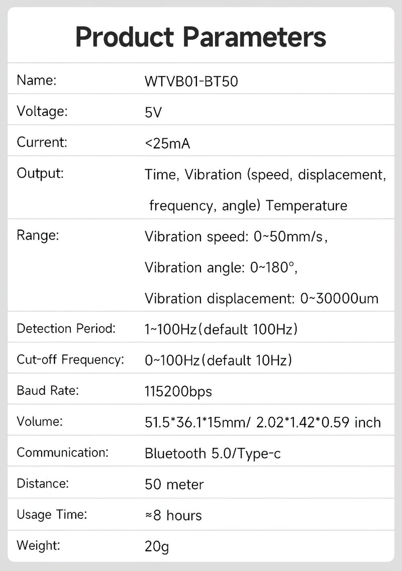 [Australia - AusPower] - [Ble Vibration Sensor ] WTVB01-BT50 Ble Wireless MPU6050 Multi-Connect Vibration Sensor, 100Hz Output 3-axis (Vibration Displacement + Vibration Speed + Vibration Angle + Vibration Frequency) 