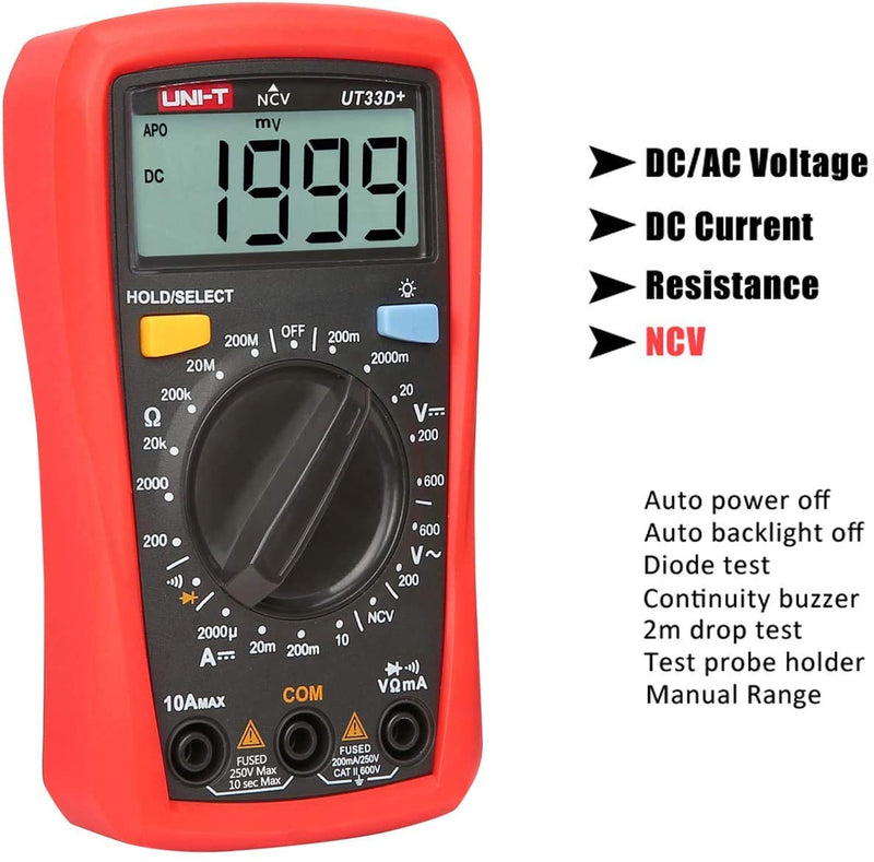 UNI-T Digital Multimeter with Backlight, Palm Size AC DC Voltmeter Ammeter LCD NCV Tester for Battery Test Meter Multitester Resistance ohm Tester, UT33D+ UT33D+