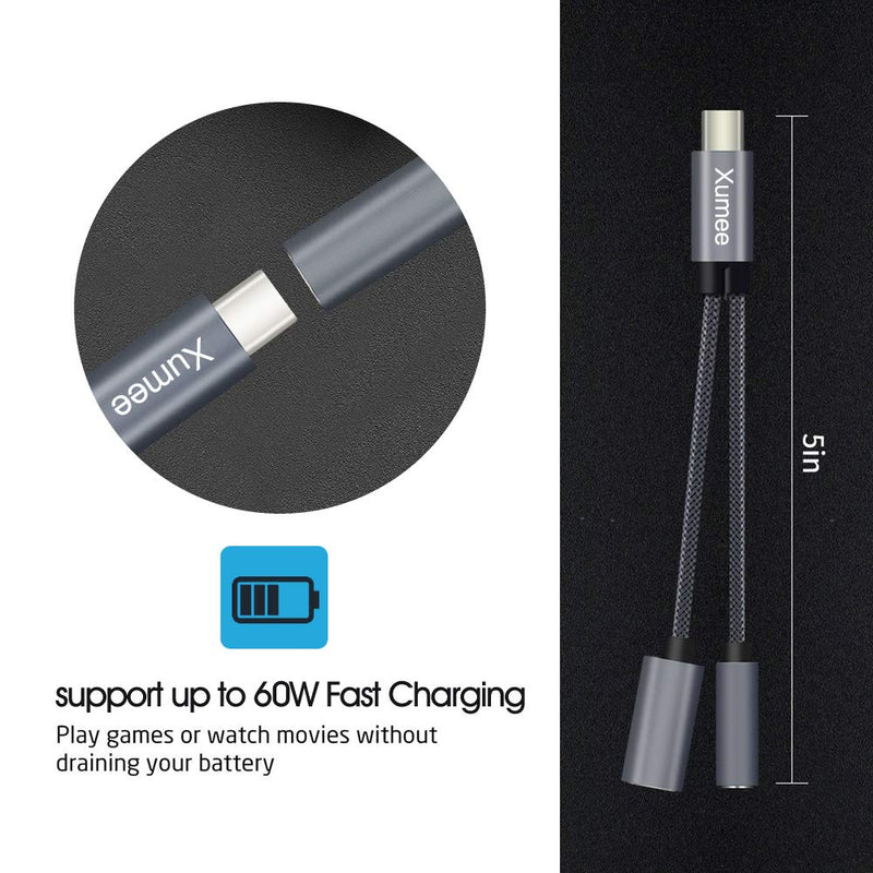 [Australia - AusPower] - Xumee USB Type C to 3.5mm Headphone and Charger Adapter, 2-in-1 USB C to Aux Audio Jack Hi-Res DAC and Fast Charging Dongle Cable Compatible with iPhone 15 Pro Max,Galaxy S24 S23 Ultra S22 S21 (Grey) Grey 