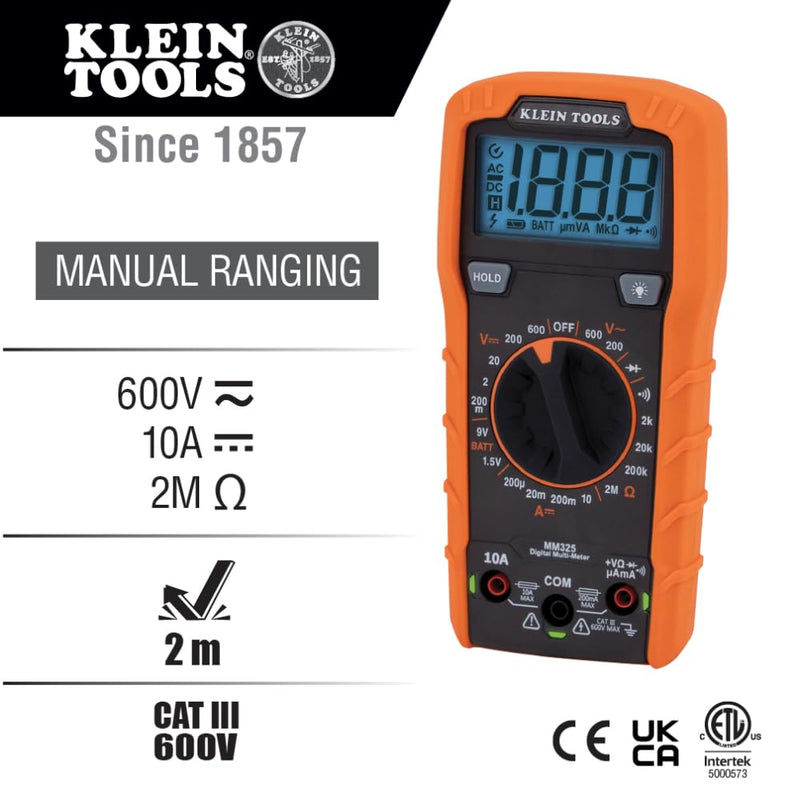 [Australia - AusPower] - Klein Tools MM325 Multimeter, Digital Manual-Ranging 600V AC/DC Voltage Tester, Tests Batteries, Current, Resistance, Diodes, and Continuity 