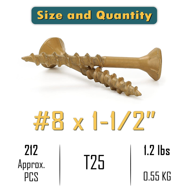 [Australia - AusPower] - WELLOCKS Deck Screws #8×1-1/2" 1.2LBS Box Approx 212 PCS Tan Color Torx Drive T25 Bit Included Above 1000 Hour Salt Spray Coating Wood Screws Excellent Rust Resistant for Outdoor Wood Fence(LXB8112A) #8×1-1/2" 1.2LBS Tan 