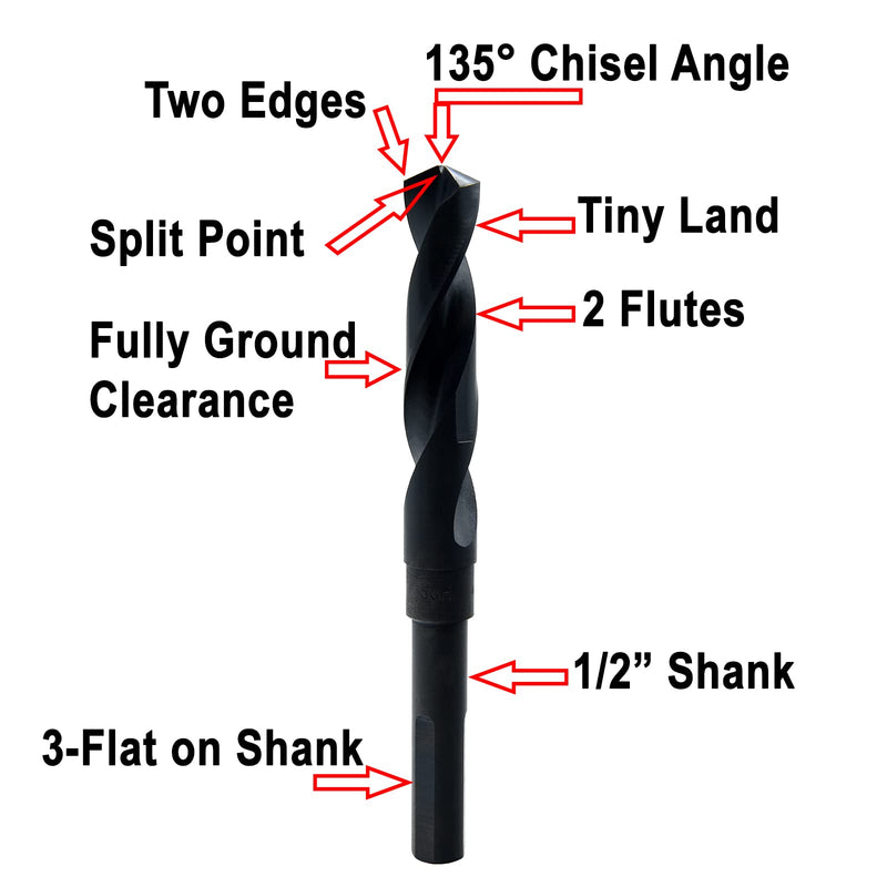 MAXTOOL 13/16" Silver and Deming Drill Bits HSS M2 S & D Drill Bits Prentice Twist Drills Black Oxide 3-Flat on 1/2" Shank 3-Flat 6" OAL; SD02B03R052 13/16"