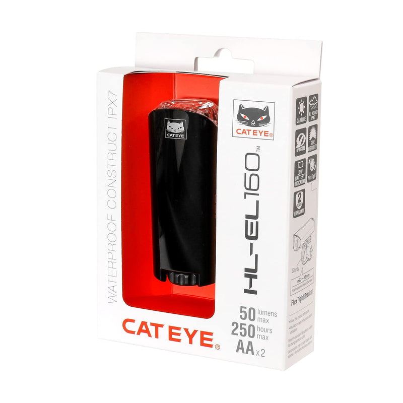 CATEYE HL-EL160 Bike Headlight – IPX7 Waterproof 50 Lumen LED Light with OptiCube™ Lens, 250 Hour Runtime, Low Battery Indicator, AA Battery, Flextight™ Mount, Fits Road, Urban, MTB & Gravel Bikes
