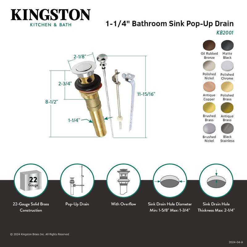 Kingston Brass KB2002 Pop-Up Drain with Overflow, 22 Gauge, Polished Brass