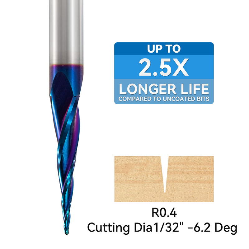 CNC Router Bits 1/4 inch Shank Spiral Tapered Ball Nose 2D & 3D Carving Bit 6.2 Deg Tapered Angle Ball Tip R0.4 1/4" Shank 3" OVL for Wood Carving Engraving Detail Profile