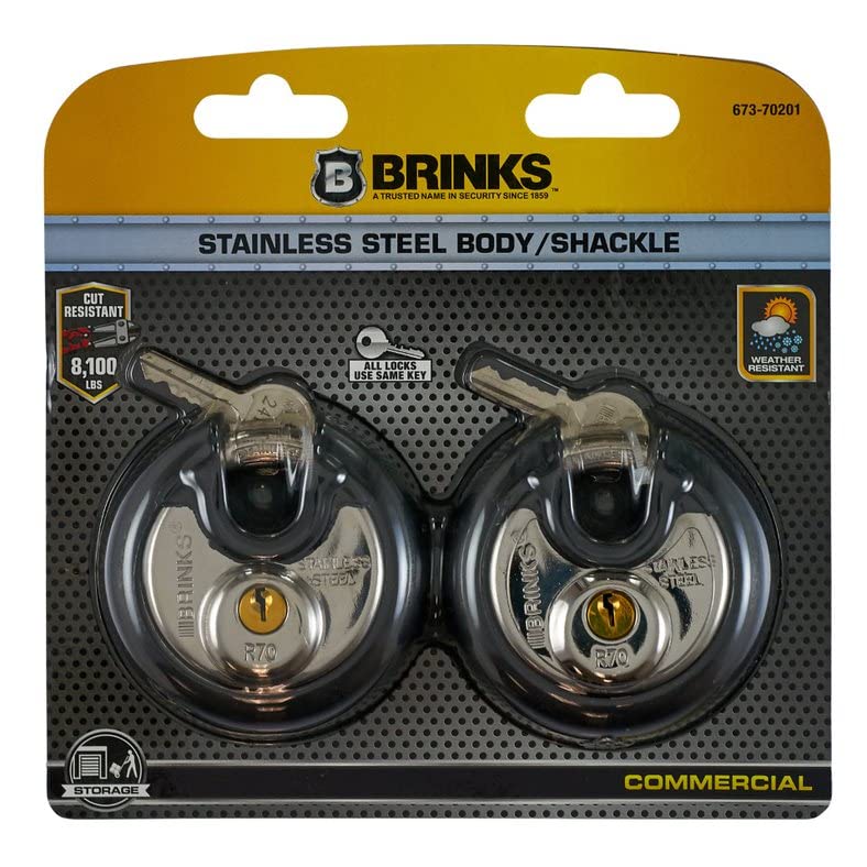 BRINKS Heavy Duty Padlock & Key 2 Pack- 70mm Stainless Steel Keyed Alike Commercial Discus Keyed Lock for Storage Shed, Garage, Locker, Sliding Doors, Cabinets & More Round with Steel Shackle, Black