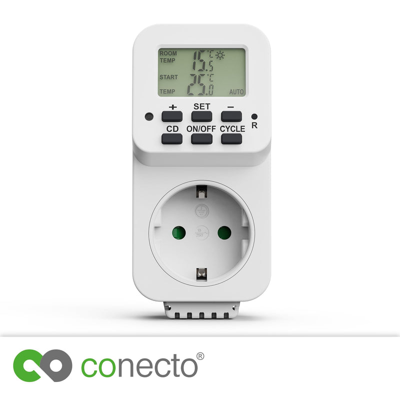 [Australia - AusPower] - conecto Digital Thermostat Socket with Internal Sensor and Time Control for Terrarium, Greenhouse, Smoker, Heating, Temperature Control, Cooling and Frost Monitor, 3600 Watt, White 